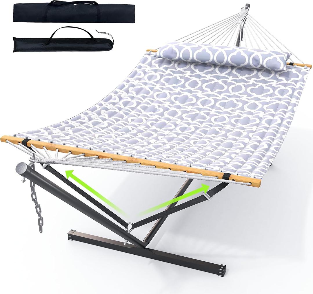 ANAGOO Double Hammock with Stand, Heavy Duty Outdoor Hammock for Two, 500 LBS Capacity, Stable Steel Frame with Balance Strap, Easy Tool-Free Assembly for Patio, Garden, Backyard & Beach,Round Gray