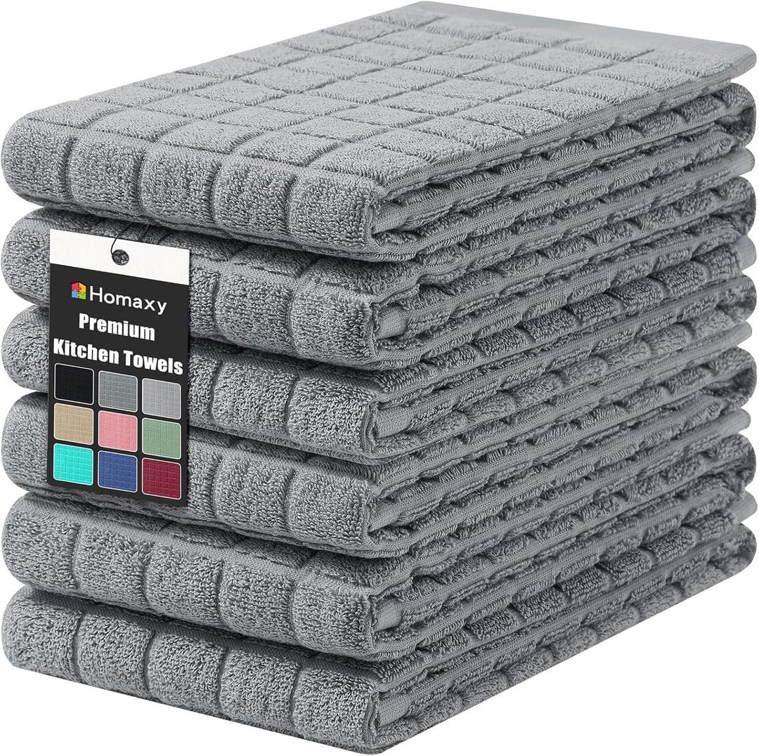 Homaxy Premium Cotton Kitchen Towels 16"x 28", Large Natural Ring Spun 390 GSM Dish Towels, Super Absorbent Terry Kitchen Hand Towels, Soft Tea Towels with Hanging Loop, Pure Grey Design, 6 Pack