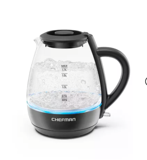 Chefman 1.7-Liter Electric Tea Kettle w/ Borosilicate Glass and Automatic Shutoff - Black