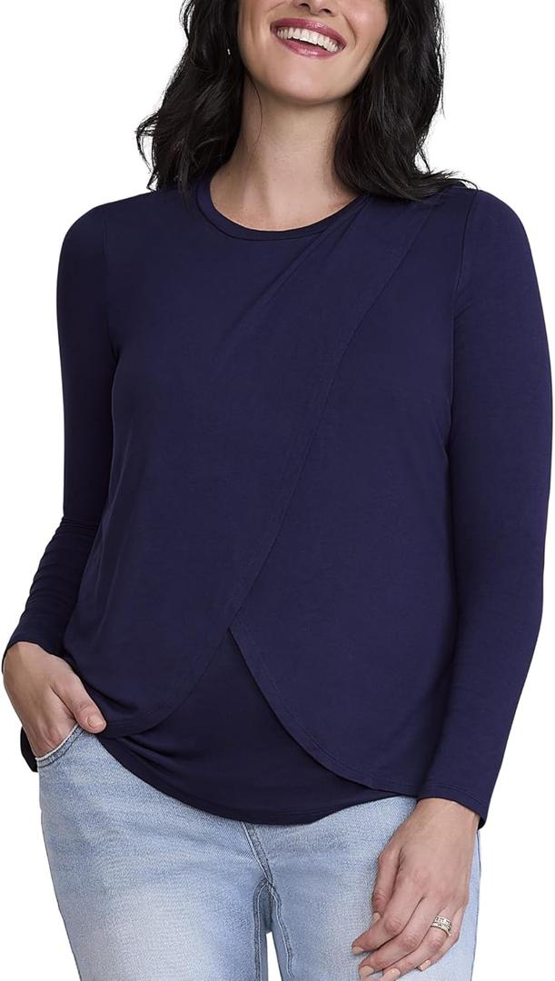 Motherhood Maternity Women's Long Sleeve Scoop Neck Tulip Nursing Tee Shirt for Breastfeeding with Easy Access (Blue, XS)