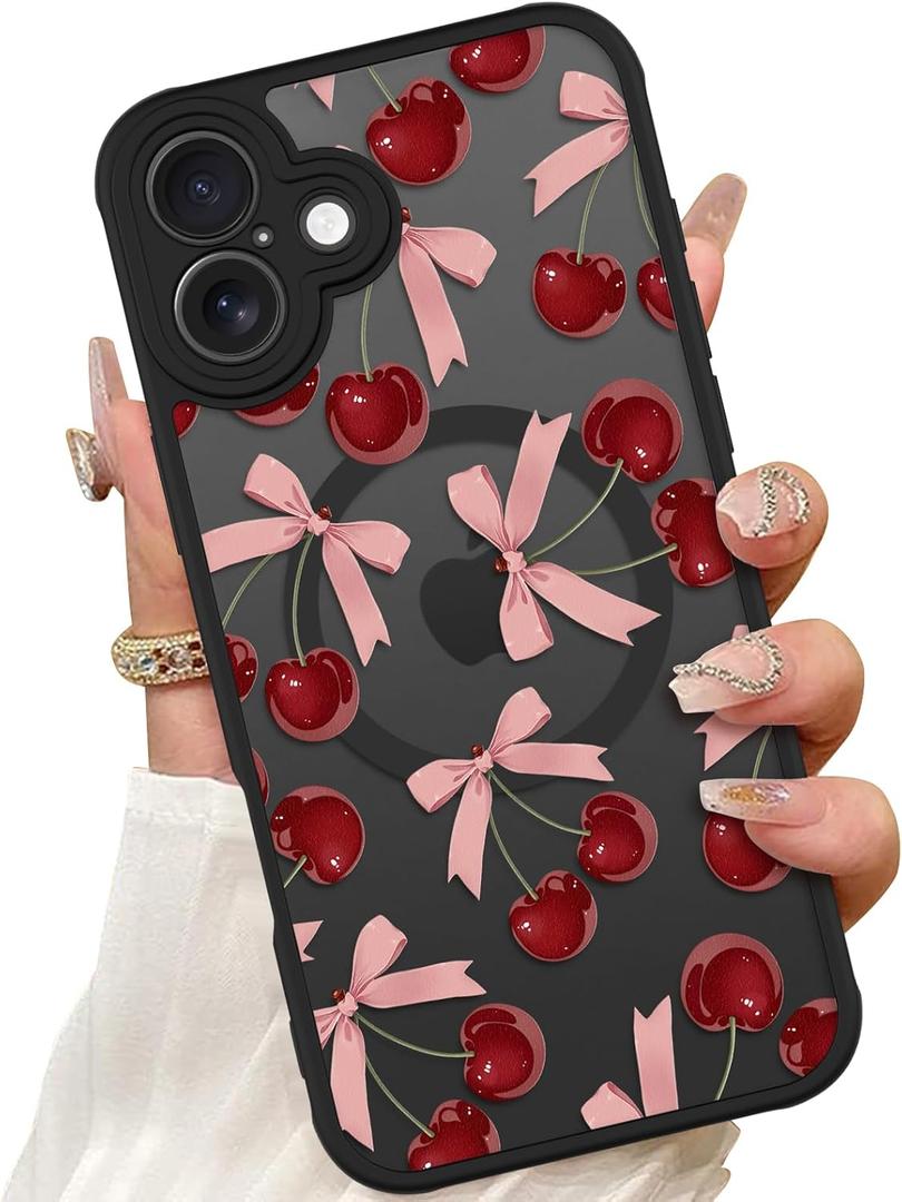 ZIYE Magnetic Case for iPhone 16 Plus 6.7 Inch [Compatible with MagSafe] Hard PC and Soft TPU Case with Cherry Pink Bows Anti-Scratch Shockproof Protection Phone Cover for Women