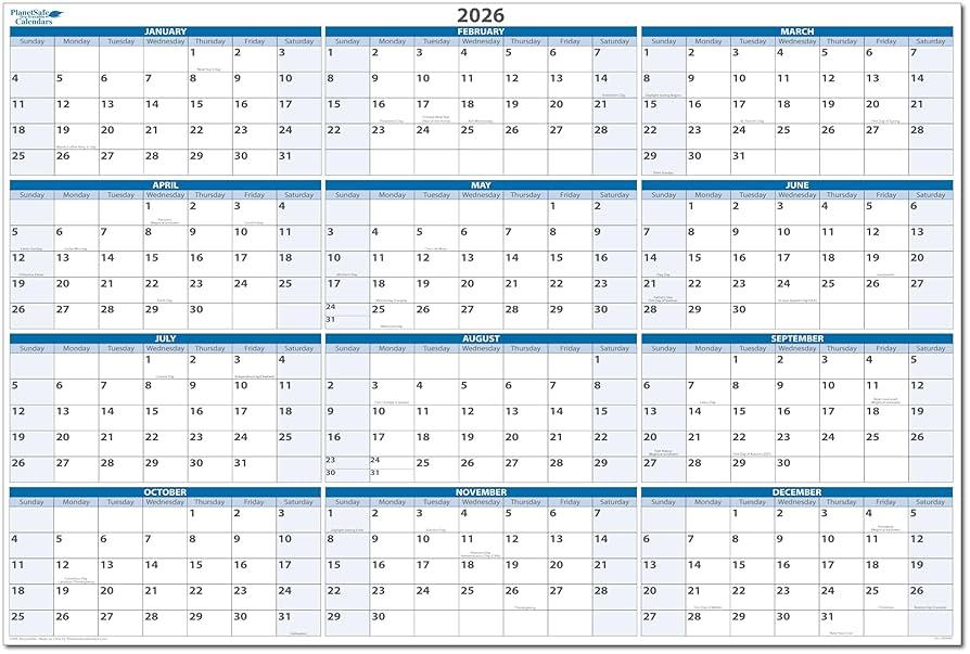 PlanetSafe Calendars 2026 Annual 24" tall x 36" wide 12-Month Horizontal Sky Blue Wet & Dry-Erasable Wall Calendar - Yearly Planner - Complete with marker, eraser and marker snap-in holder - BN