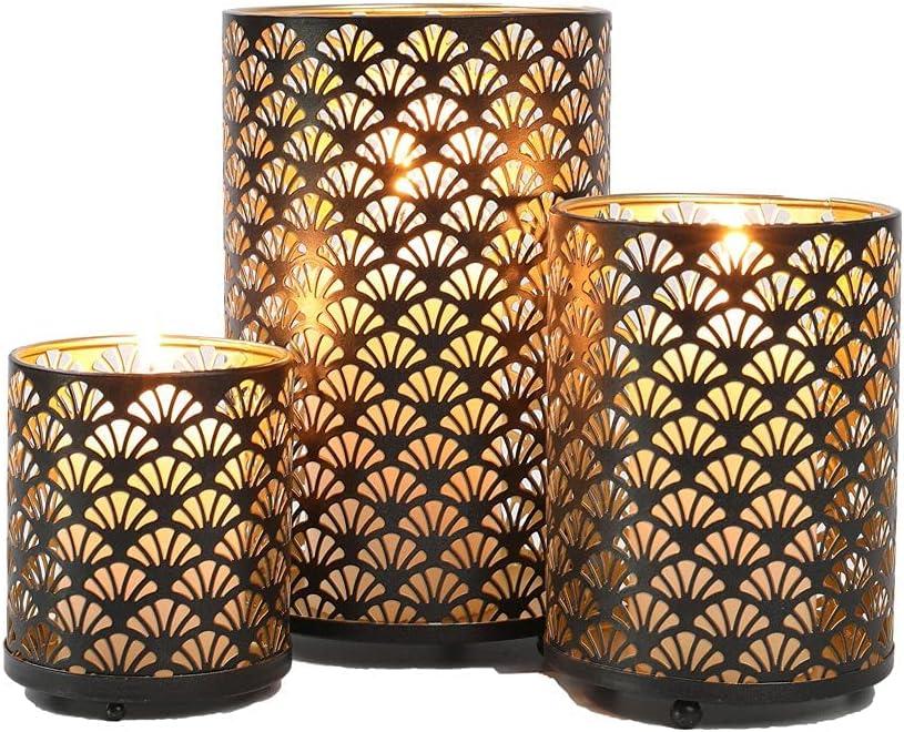 JHY DESIGN Set of 3 Metal Candle Holders Bronze Hurricane Pillar Candleholder Vintage Table Candlestick Holders Great Centerpieces for Home Decor Wedding Parties Events (Black)