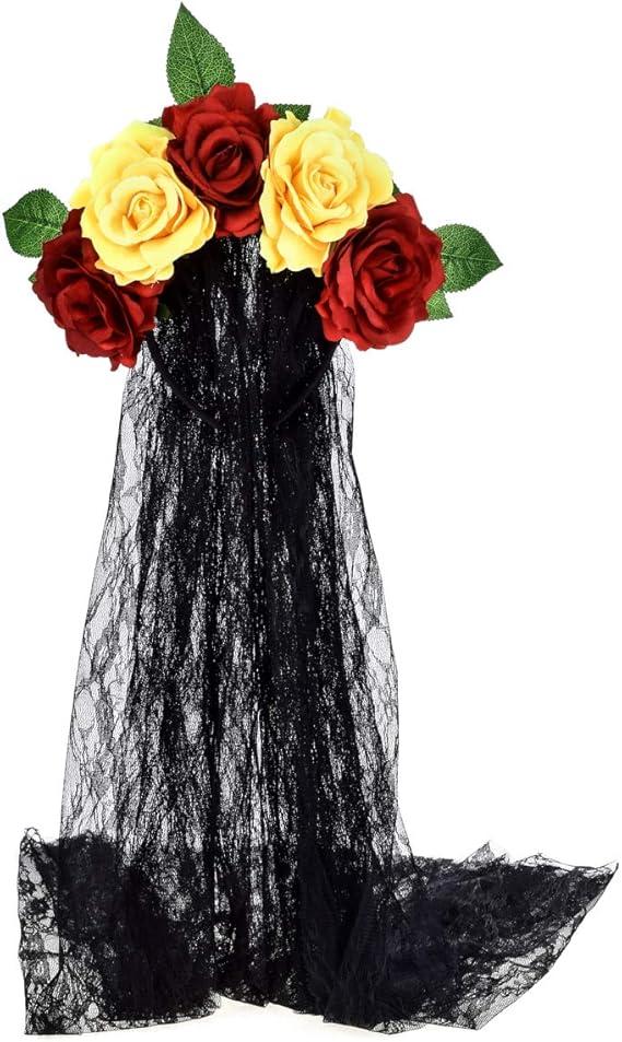 June Bloomy Day of the Dead Headpiece Rose Floral Crown Veil Halloween Costume Mexican Flower Headband (Red Yellow)