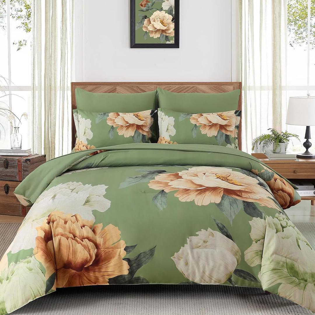 Dobuyly Queen Comforter Set 7 Piece Bed in a Bag, Olive Green Floral Comforter Set with Sheets, Soft Microfiber Botanical Flower Bedding Set for All Season