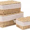 GIB Small Wicker Storage Baskets with Lids and Liner, Rectangular Paper Rope Woven Baskets for Organizing, Decorative Boxes Boho Decor for Shelves Table Desktop Makeup Organizer, Set of 3 (Beige)