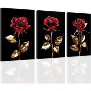 ZXHYWYM Rose Gold Wall Art Set of 3 Black and Gold Flower Painting Prints Red Rose Canvas Pictures Floral Bathroom Bedroom Home Decor Framed (12"x16"x3)