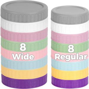 [16 Piece]8 Wide Mouth + 8 Regular Mouth Mason Jar Lids, Multi Color Plastic Lids for Mason Jars with Silicone Rings, Thickened Leak-Proof Canning Lids Regular Wide Mouth (2.76-inch (70mm) and 3.38 inch (86mm))