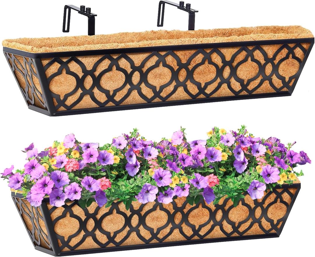 Y&M 6Pcs 24 Inch Window Deck with Coconut Coir Liner, 24" Railing Planter Horse Trough Coco Basket Boxes Metal Hanging Flower Balcony for Outdoor Garden Fence Lawn