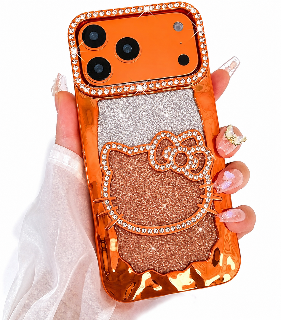 Bonoma Glitter Case for iPhone 17 Pro, Cute 3D Orange Cat Pattern | Plating Bling Case,Camera Protection Sparkly Slim Soft Back Cover for Women Girls