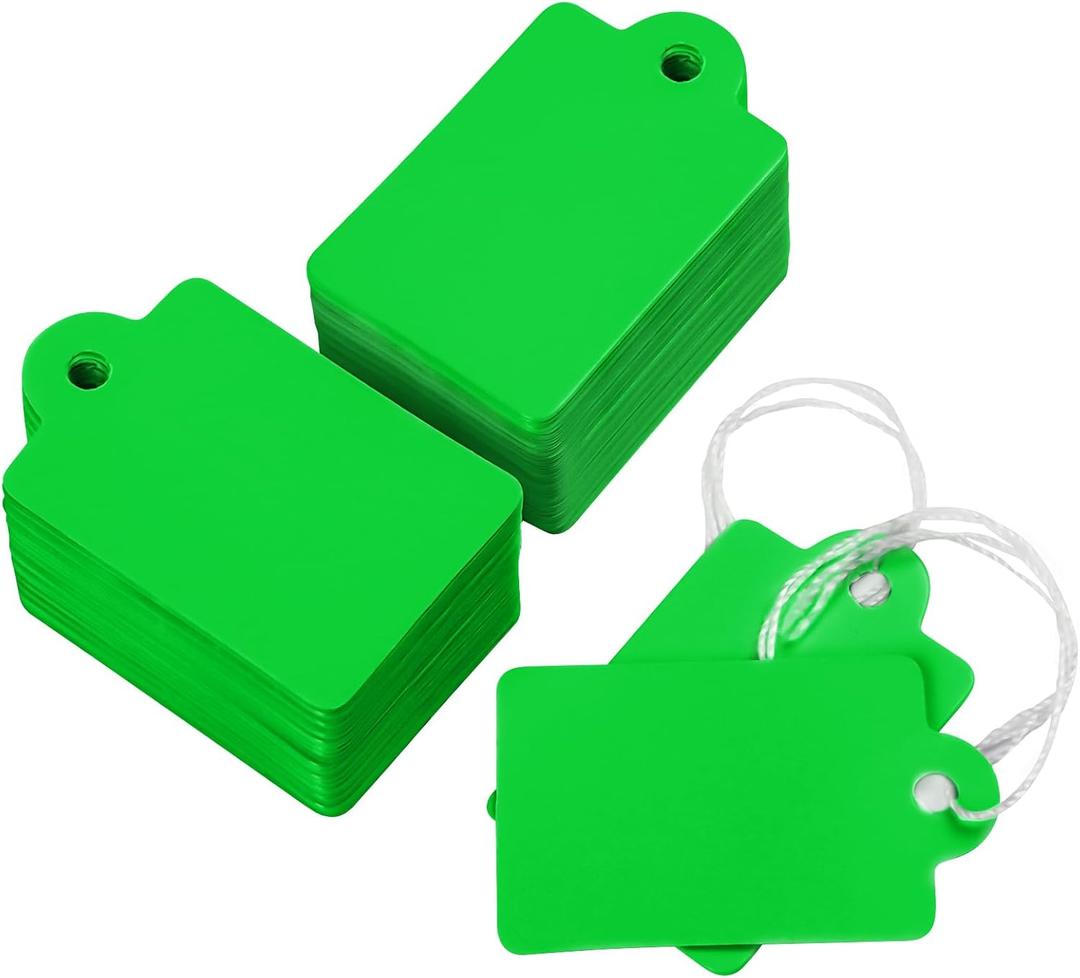 Uniclife 200 Pcs Price Tags with String Attached 1 3/8" x 7/8" Writable Green Hang Tags String Tag for Pricing Clothing Jewelry Price Display Labels Blank Merchandise Marking Paper Tag