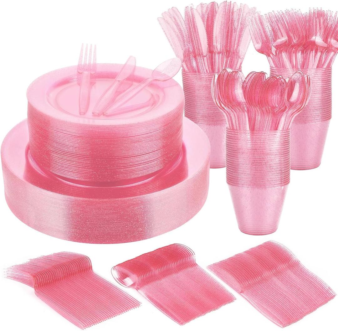 WYTAOHZL 240PCS Pink Glitter Dinnerware Set 40Guest Disposable Pink Glitter Dinnerware 10.2"Dinner Plates 7.5"Salad Plates with 40PCS 9 oz Plastic Cups 40Guests Plastic Forks Knives Spoons