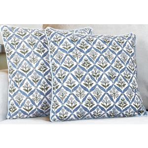 SheetKart Block Print Pillow Cover - Cotton Throw Pillow Covers for Boho Decorative Couch, Living Room, Bohemian Theme Gifts, Floral Blue - 18 x 18 Inches - Set of 2