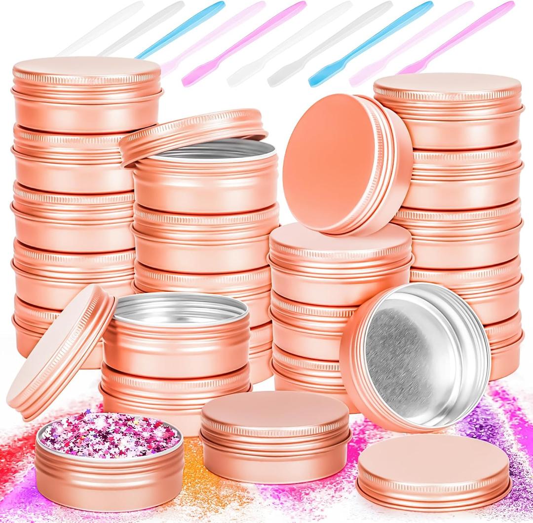 MotBach 24 Pack 1oz Tin Jars, 30ml Metal Tin cans, 1Ounce Aluminum tin can jar Containers with Screw Lid for Lotion Bars, Beard Balm, Spices, Salve, Balms, Toiletries, Creams, Samples, Makeup Cosmetic (Rose Gold)