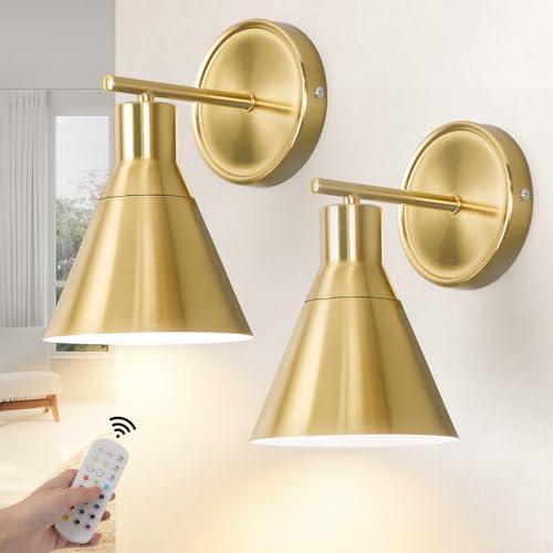 Bailoch Gold Rechargeable Battery Operated Wall Sconces Set of 2 with Remote, Wireless Dimmable Battery Powered Wall Lights, Cordless Wall Lamp Lighting Fixture for Bedroom Living Room, Bulb Included