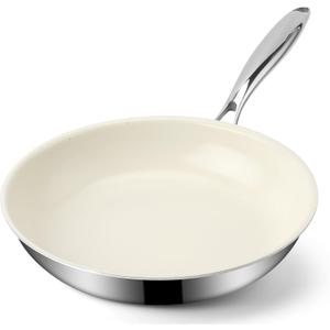 Ranbomer Hybrid Ceramic Non Stick Frying Pan 10 Inch, 5-Ply Stainless Steel Skillet,Stay-Cool Handle,Induction Ready, Compatible with All Cooktops, PFAS-Free, Non-Toxic, White. (10 Inch)