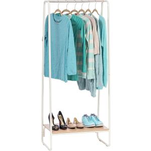 IRIS USA Clothes Rack for Hanging Clothes with Bottom Wood Shelf, Freestanding Clothing Rack, Easy to Assemble Garment Rack, Metal, Sturdy Design, Multipurpose, Small Space Storage Solution, White