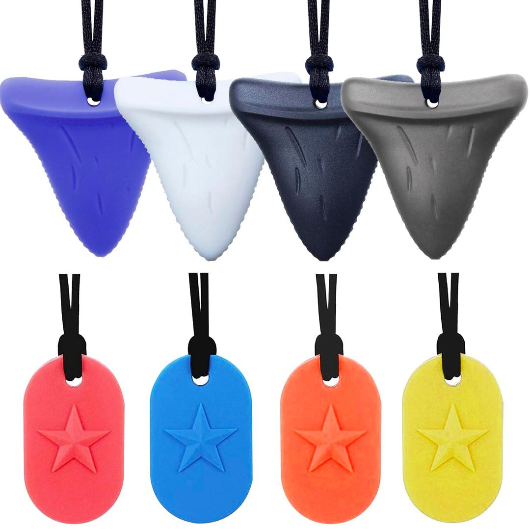 4 x Chew Necklaces for Sensory Kids 8 Pcs Sensory Chewy Toys for Autism Girl and Boy, ADHD Toddler, Adult(4Pcs Shark and 4Pcs Tag Shape)