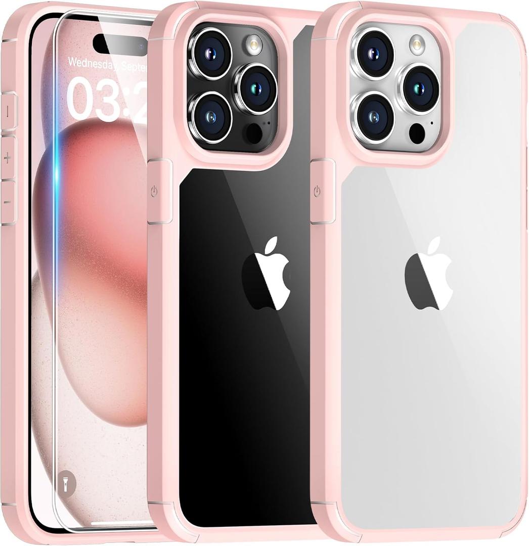 TAURI 3 in 1 for iPhone 15 Pro Max Case, with 2X HD Screen Protectors, [Military Grade Drop Protection] Shockproof Case for iPhone 15 Pro Max 6.7 Inch Pink