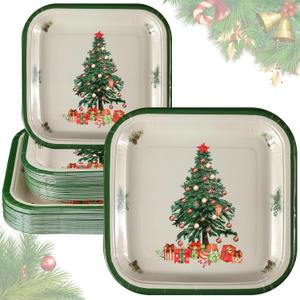 Umigy Paper Christmas Plates, 100 Pcs Disposable Square Plates Set, 50 x 9'' Dinner + 50 x 7'' Dessert, Green Tree Design, Festive Winter Holiday Party Supplies