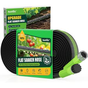 RAINPOINT Flat Soaker Hose 15FT for Garden, Drip Hose for Garden with Anodized Aircraft Aluminum Ends, Flexible & Lightweight Soaking Hose, Save 80% Water, Green