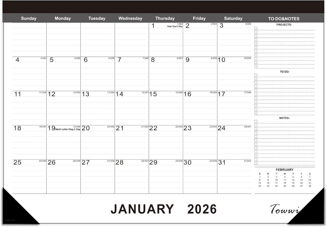TOWWI Desk Calendar 2026, Large Wall or Desktop Monthly Calendar for Daily Schedule, Office, Home - 16.7x11.6 inches (Black) (17x12in)
