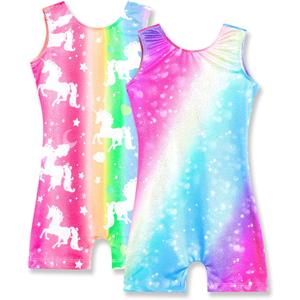Nymphperi 2 Packs Gymnastics Leotard for Girls Sparkle Biketards with Shorts Kids Sleeveless Unitard One-Piece Dancewear, Size 105