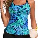 Yonique Two Piece Tankini Swimsuits for Women with Shorts Tummy Control Bathing Suits Athletic Swimwear (Large, Green Leaves)