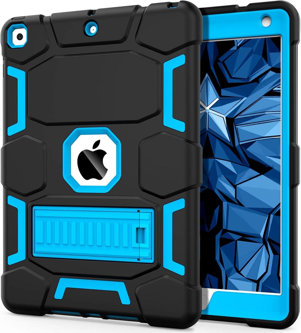 CCMAO iPad 9th Generation Case, iPad 8th/7th Generation Case, iPad 10.2 2021/2020/2019 Case with Kickstand, Heavy Duty Shockproof Hybrid Three Layer Protective Cover for Kids Boy Girl, Black+Sky Blue
