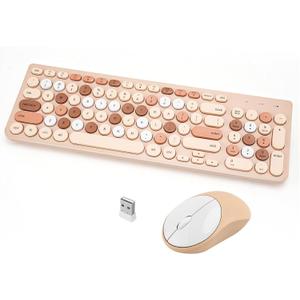 Wireless Keyboard and Mouse Combo, Retro Typewriter Wireless Keyboard with Round Keycaps, 2.4GHz USB Cute Wireless Keyboard Mouse for Computer, Desktop, Laptop (Milk Tea Colorful)