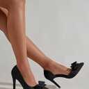 Womens Bow Heels Closed Pointed Toe Dress Shoes Stiletto Slip on Wedding Pumps (Black), 10