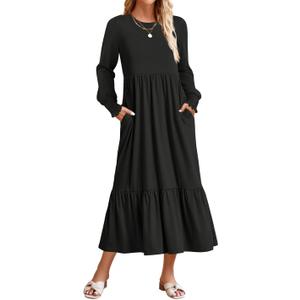 ZESICA Women's 2026 Spring Long Sleeve Dress Crewneck Casual A Line Pleated Tiered Flowy Trendy Midi Dresses with Pockets (Medium)