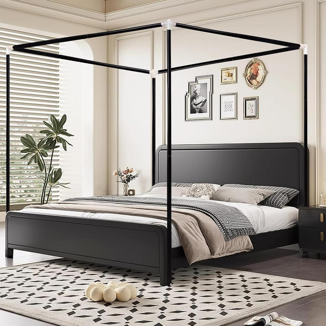 Jondow Stainless Steel Canopy Bed Frame Queen Size, Sturdy Post Poles Thicken Queen Size Canopy Frame for Metal Bed Wood Bed Bedroom Decor, Black