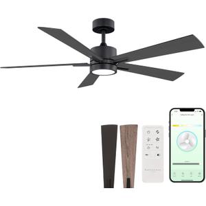 Bali Smart 5-Blade 52in Ceiling Fan 2700K-6000K CCT Selectable LED Light Kit with Remote Control and Black Hardware with Reversible Blades in Weathered Wood or Black Works With iOS or Android App