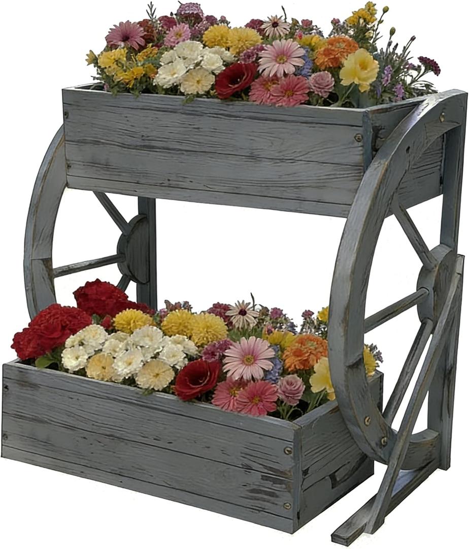 NestNature Wooden Wagon Planter Box|Rustic Planter Use On Indoor&Outdoor, Medium-2Tier
