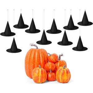 VioraWhite 19 Pcs Halloween Witch Hat Hanging Decor with Artificial Pumpkin, 12 Black Floating Witch Hats with Rope and 7 Pumpkin Set Halloween Party Decorations for Home Yard Porch Ceiling