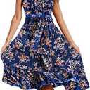 YESNO Women's Summer Casual Sleeveless Midi Dresses Boho Floral Tiered Sundresses with Pockets, Large