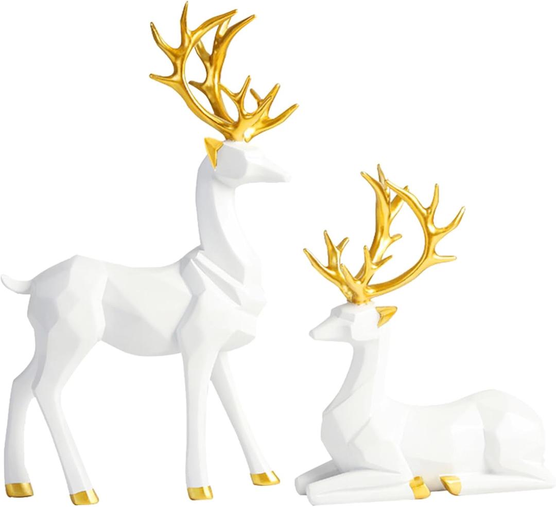 Christmas Reindeer Figurines, 2PCS White Deer Seated & Standing Elegant Craft Deer Animal Decoration Sculpture Ornaments for Living Room, TV Cabinet,Wine Cabinet Home Decoration