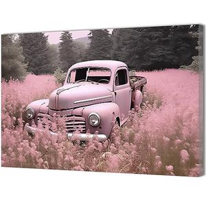 QIXIANG Farmhouse Truck Wall Art for Bedroom Decor Pink Truck and Flowers Picture Prints on Canvas for Bathroom Home with Framed (16.00" x 24.00", Pink)