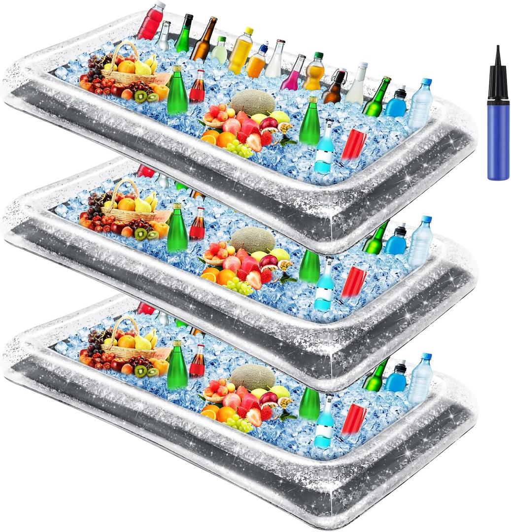 3 Pcs Inflatable Serving Bar Salad Ice Tray Food Drink Candy Buffet Containers Picnic Pool Inflatable Cooler with a Drain Plug and a Hand Pump, 53 x 23.6 x 4.7 Inch(Silver)