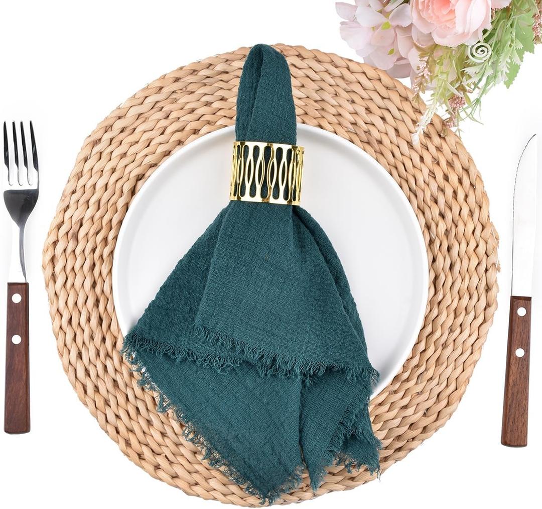Fall Thanksgiving Rustic Cloth Napkins 16.5x16.5 Inches Handmade Cotton Linen Napkins with Fringe Boho Washable Dinner Napkins in Bulk for Wedding Party Table Decor Set of 10 Emerald Green