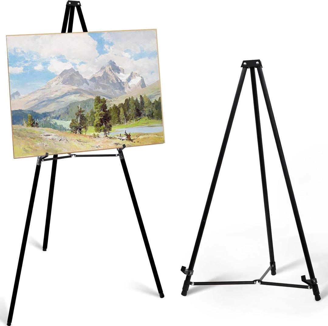 PUJIANG 63" Aluminum Easel Stand for Sign, Large Collapsible Easels for Display Posters/Whiteboard, Adjustable Height Artist Easel for Painting- Floor/Tabletop, Holds 25 lbs, 1pcs