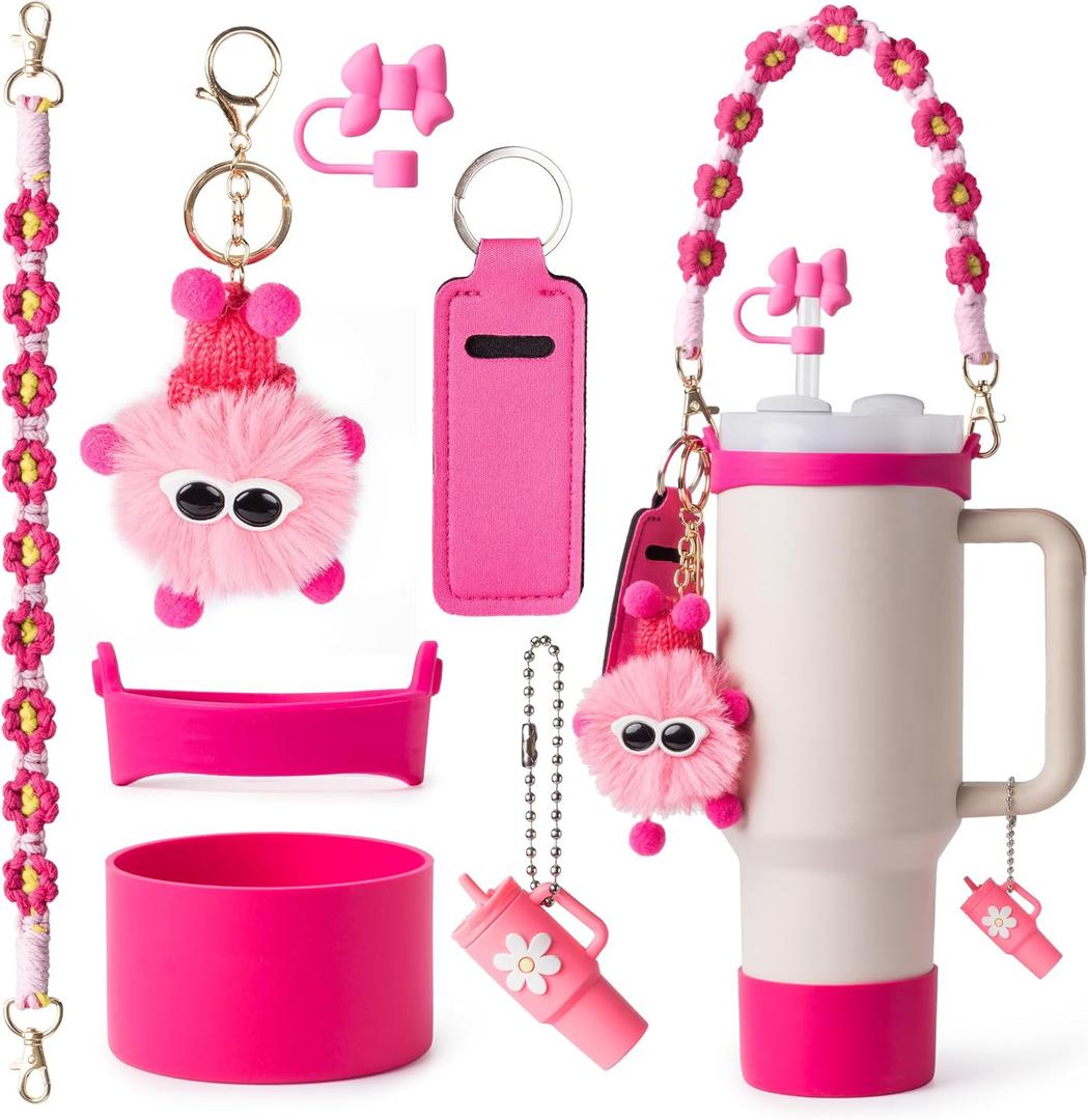 Stanley Cup Accessories Set I Water Bottle Handle Strap, Silicone Cup Boot, Lipstick Holder, Keychain Charms & Handle Charms,Straw Topper Accessories for Stanley Cups 40oz/30oz
