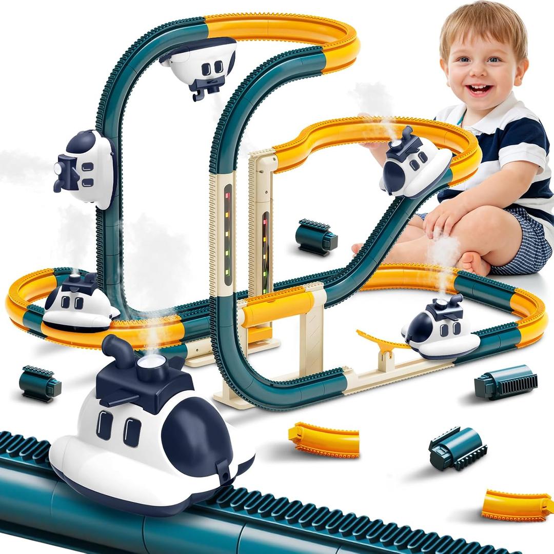 Infowush Electric Race Track Car Toy, Steam Aircraft Track for Kids, Large | Train Set with Smokes & Lights, Toys for 3 4 5 6 7 8 Year Old Boys Girls, Christmas Birthday Party Gift
