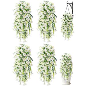Artificial Hanging Flowers for Outdoors, 4 PCS UV Resistant Morning Glory Flowers with Eucalyptus Leaves, Silk Fake Flower Realistic Faux Plants for Home Patio Porch Garden Decor, White