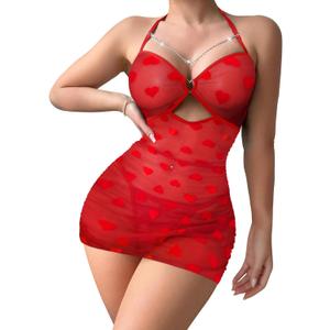 Sexy Chain Sheer Mesh Ruched Bodycon Mini Lingerie Dress with Thong 2 Piece Set Outfits (Heart Red), XL