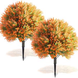 Yunlly Set of 2 Real Touch Outdoor Topiary Tree 24" Fake Plants Front Porch Decor Artificial Boxwood Ball Faux Bush with Ground Spike, UV Resistant Fake Shrubs for Garden Yard(Orange)