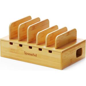 SpaceAid Bamboo Charging Station for Multiple Devices, Cell Phone Docking Stations for Multi Laptop, Tablets and iPads, Nightstand Bedside Desk Device Charger Organizer (Natural) (Medium)