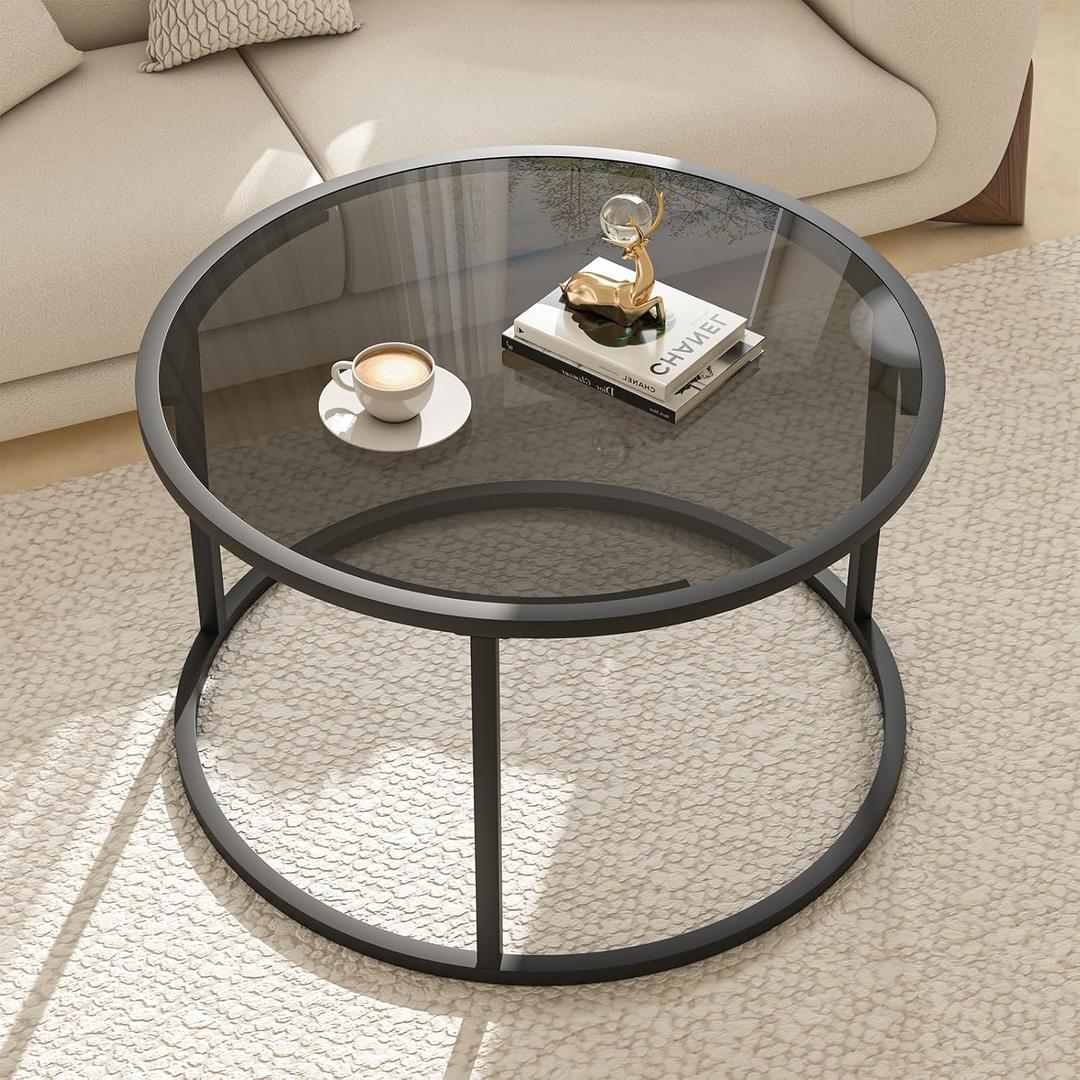Glass Coffee Table Modern Center Table,Minimalist Round Coffee Tea Table,Tempered Glass-top with Sturdy Metal Frame for Living Room Bedroom Office and Small Space, 27 x 27 x 17 Inch,Gray Black, Round-27.3in