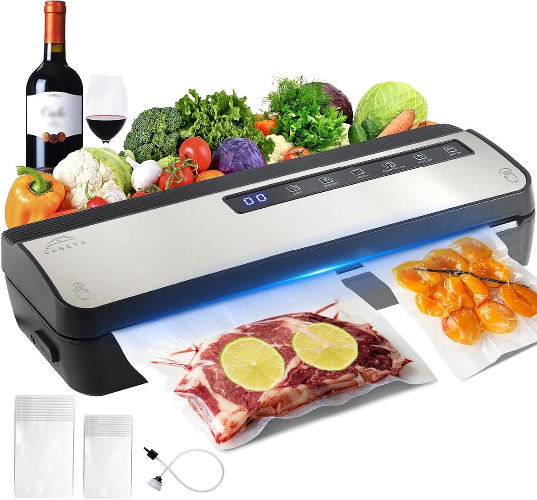 Vacuum Sealer Machine for Food, 80KPA Powerful 8-in-1 Automatic Vacuum Food Sealer with Dry & Moist Modes, Bag Storage, Cutter, Digital Countdown, 20 Pre-Cut Bags & External Air Suction Hose (Silver)